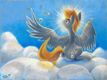 blonde_hair bubble cloud feathered_wings feathers female feral glowing grey_body grey_feathers hair outside simple_background sitting sky skyscape solo sun wings yellow_eyes tsitra360 friendship_is_magic hasbro my_little_pony mythology derpy_hooves_(mlp) equid equine mammal mythological_creature mythological_equine pegasus 2014