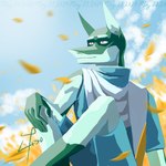anthro blurred_background blurred_foreground calm clothed clothing eyebrows field fingers green_body male sitting sitting_on_ground sky solo yellow_eyes lino_ttarius hybrid lupumaris 1:1 2025 dated digital_media_(artwork) hi_res signature