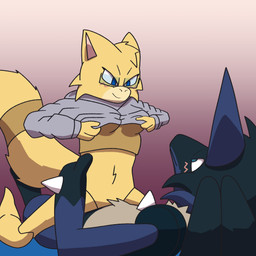 anthro blush breasts clothed clothing clothing_lift determined duo eyewear female female_on_top glasses grabbing_waist hoodie male male/female on_top shirt shirt_lift simple_background size_difference smaller_female tail topwear under_boob abby_abra_(artist) nintendo pokemon abby_(abra) artomis abra alpha_abra alpha_lucario canid canine generation_1_pokemon generation_4_pokemon lucario mammal pokemon_(species) 1:1 hi_res