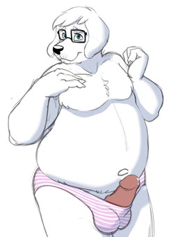 anthro balls_outline belly black_nose bulge clothing detailed_bulge erection eyewear fur genital_outline genitals glasses humanoid_genitalia humanoid_hands humanoid_penis male moobs navel overweight overweight_male panties penis simple_background solo underwear white_background white_body white_fur bravo canid canine canis domestic_dog mammal 2015