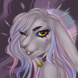 abstract_background anthro bell bell_collar black_collar blue_hair blue_sclera collar eyelashes female fur grey_body grey_ears grey_fur grey_hair hair long_ears looking_at_viewer multicolored_hair one_eye_closed pink_hair simple_background solo unsigned yellow_eyes smogville lagomorph leporid mammal rabbit 1:1 bust_portrait detailed hi_res icon portrait