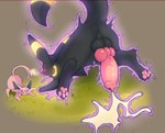 ambiguous_gender animal_genitalia animal_penis balls big_penis black_body black_fur blush bodily_fluids canine_genitalia canine_penis cum duo ejaculation erection feral floating_cum fur genital_fluids genitals glowing glowing_markings grass male male/ambiguous markings pawpads penis pink_body pink_fur plant rear_view telekinesis telekinesisjob kitorie nintendo pokemon eeveelution espeon generation_2_pokemon pokemon_(species) umbreon