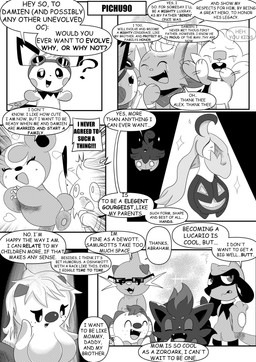 6_panel_comic ambiguous_gender answer anthro biped black_eyes black_text bodily_fluids breasts cheek_spots closed_smile dialogue ellipsis exclamation_point eyebrows eyelashes eyes_closed eyewear feral fur glasses goggles group hair hair_hand happy headpat looking_at_another looking_at_breasts motion_lines mouth_closed open_mouth open_smile pawpads paws plant pupils quadruped question question_mark questions_and_answers smile sparkles speech_bubble standing talking_to_another tears text text_box tongue white_pupils white_sclera heavenlyproductions nintendo pokemon aquatic canid dewott elemental_creature flora_fauna generation_2_pokemon generation_4_pokemon generation_5_pokemon generation_6_pokemon generation_8_pokemon gourgeist mammal oshawott pichu pokemon_(species) pumpkaboo riolu scorbunny shinx teddiursa zorua 2024 absurd_res comic english_text hi_res monochrome