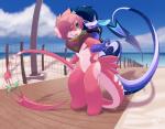 5_fingers ambiguous_gender anthro beach blue_eyes blue_hair cloud day detailed_background duo fingers hair nude open_mouth outside pink_hair seaside sky smile standing tail young rudragon dustfalconmlp mythology dusk_(dustfalconmlp) ru_(rudragon) dragon mythological_creature mythological_scalie scalie 2018 digital_media_(artwork)