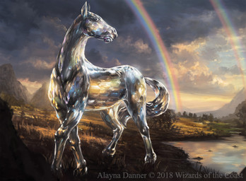 ambiguous_gender cloud day detailed_background double_rainbow feral glistening glistening_body grass mountain outside plant rainbow reflective_body river standing tail tree water alayna_danner hasbro magic:_the_gathering wizards_of_the_coast equid equine horse mammal 2018 official_art