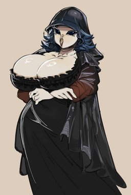anthro arm_under_breasts beak big_breasts black_clothing black_dress black_eyes black_veil blank_expression blank_stare blue_body blue_feather_hair blue_feathers breasts cleavage clothed clothing dress feathers female female_anthro looking_at_viewer slightly_chubby solo standing veil wide_hipped_anthro wide_hipped_female wide_hips bojinko mona_lisa_(painting) svetlanna_(somebirdorsomething) avian bird owl hi_res
