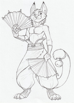 accessory anthro bell bottomwear cheek_tuft claws closed_smile clothed clothing facial_tuft front_view furgonomics hand_fan head_tuft looking_aside male male_anthro mouth_closed neck_tuft slim_anthro slim_male smile solo standing tail tail_accessory tail_bell toe_claws topless tuft hufnaar domestic_cat felid feline felis mammal full-length_portrait hi_res monochrome portrait sketch