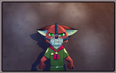 angry anthro belt big_head biped border boy_scout brown_body brown_fur clothed clothing front_view fully_clothed fur green_eyes looking_at_viewer male muzzle_(object) muzzled no_pupils orange_body orange_fur red_border shirt solo standing teeth topwear uniform young young_anthro rockbottomfeeder disney zootopia nick_wilde canid canine fox mammal red_fox true_fox half-length_portrait portrait