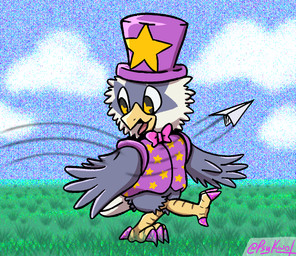 beak blue_body blue_feathers bow_tie claws clothed clothing cloud colored_nails feathers feet grass happy hat headgear headwear male nails open_beak open_mouth painted_claws pantsless paper_airplane papercraft plant purple_claws purple_clothing purple_shirt purple_top_hat purple_topwear shirt sky skyscape solo star_eyes star_pattern tail tail_feathers talons tan_body tan_feathers text toes top_hat topwear walking winged_arms wings yellow_talons psykwol nintendo pokemon kimmy_(psykwol) generation_5_pokemon pokemon_(species) rufflet english_text