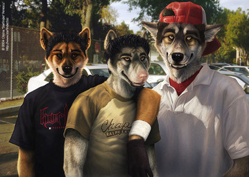 anthro backwards_baseball_cap backwards_hat baseball_cap clothing ear_piercing fangs group hat headgear headwear high_school male nightmare_fuel outside photo_background photorealism piercing pink_nose realistic school teeth young young_anthro young_male kannos hurley_(brand) ralph_lauren canid canine canis domestic_dog domestic_ferret fox mammal mustelid musteline true_musteline weasel 2004 photography_(artwork)