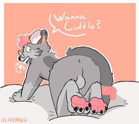anthro anus backsack balls bed bow_ribbon butt claws ear_piercing eyewear fur furniture genitals glasses grey_body grey_fur hair looking_at_viewer looking_back male on_bed pawpads paws piercing pink_hair pink_pawpads presenting presenting_anus presenting_hindquarters question solo wearing_glasses oliverracc roka_(rokapop) domestic_cat egyptian_mau felid feline felis hybrid mammal russian_blue 2025 hi_res