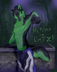 anthro clothed clothing detailed_background forest gesture green_eyes gutz hand_gesture male night outside plant pointing pointing_at_viewer solo tail text topless tree wood koul canid canine canis mammal wolf 2008 english_text