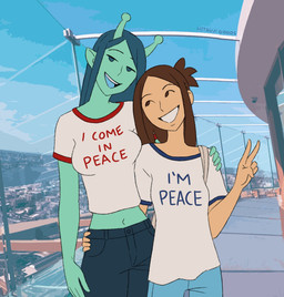 antennae_(anatomy) bottomwear brown_eyes brown_hair clothing crop_top denim denim_bottomwear denim_clothing duo female gesture green_body green_eyes green_hair green_skin hair hand_around_waist hand_gesture hand_on_shoulder humanoid_pointy_ears jeans looking_at_another looking_at_partner navel not_furry pants pointy_ears shirt smile t-shirt text text_on_clothing text_on_shirt text_on_topwear topwear v_sign hitsujigoods i_come_in_peace_(meme) alien alien_humanoid human humanoid mammal 2022 hi_res intersex_(lore)