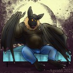 abstract_background ageaus anthro bat bed belly bottomwear clothing feet furniture male mammal neck_tuft open_mouth pants prehensile_feet sitting solo surprised_expression toes tuft winged_arms wings