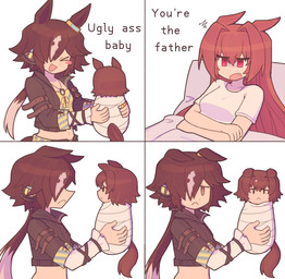 breasts brown_hair carrying_another clothing dialogue ears_down eye_contact female group hair jacket looking_at_another looking_at_viewer midriff neonate pivoted_ears sad text topwear young young_female young_humanoid pipiikki cygames uma_musume_pretty_derby daiwa_scarlet_(pretty_derby) vodka_(pretty_derby) animal_humanoid equid equid_humanoid equine equine_humanoid horse_humanoid humanoid mammal mammal_humanoid 2026 comic english_text hi_res daughter_(lore) mother_(lore) mother_and_child_(lore) mother_and_daughter_(lore) parent_(lore) parent_and_child_(lore) parent_and_daughter_(lore)
