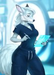 anthro big_breasts black_tipped_ears breasts doctor female hair medical nurse science_fiction scrubs solo tail thick_thighs white_hair wide_hipped_anthro wide_hipped_female herbalist arctic_wolf canid canine canis mammal wolf hi_res