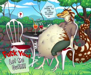 abdominal_bulge anthro belly big_belly bodily_fluids chair dialogue drooling eyewear furniture glasses huge_belly male male_pred saliva same_size_vore sharp_teeth struggling struggling_prey table teeth text vore matokiro reptile scalie hi_res