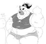 anthro belly big_belly bottomwear bulge clothing duo kemono male navel overweight overweight_male scar shirt shorts simple_background text topwear white_background suishou0602 lifewonders tokyo_afterschool_summoners yasuyori_(tas) canid canine canis domestic_dog mammal 2025 hi_res japanese_text monochrome