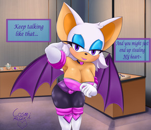 5_fingers anthro armwear back_wings big_breasts big_ears biped black_bodysuit black_choker black_clothing black_jewelry black_necklace black_nose black_skinsuit blue_eyelids blue_gem blue_text blush blush_lines bodysuit boots breasts choker cleavage clothed clothed_anthro clothed_female clothing detailed_background dialogue display_case elbow_gloves eyelashes female female_anthro fingers footwear fur gem gloves half-closed_eyes hand_behind_head handwear heart_choker huge_breasts humanoid_hands jewelry leaning leaning_forward legwear lips long_eyelashes looking_at_viewer membrane_(anatomy) membranous_wings mouth_closed multicolored_body multicolored_bodysuit multicolored_boots multicolored_choker multicolored_clothing multicolored_footwear multicolored_gloves multicolored_handwear multicolored_jewelry multicolored_necklace multicolored_skinsuit narrowed_eyes necklace orange_body orange_inner_ear orange_skin pink_bodysuit pink_boots pink_choker pink_clothing pink_footwear pink_gloves pink_handwear pink_jewelry pink_necklace pink_skinsuit pupils purple_bodysuit purple_clothing purple_eyes purple_gem purple_lips purple_skinsuit purple_wings shoes short_tail skinsuit solo standing tail talking_to_viewer text thigh_boots thigh_highs tight_clothing two_tone_body two_tone_boots two_tone_choker two_tone_clothing two_tone_footwear two_tone_gloves two_tone_handwear two_tone_jewelry two_tone_necklace white_body white_boots white_clothing white_ears white_footwear white_fur white_gloves white_handwear wings kawma sega sonic_the_hedgehog_(series) rouge_the_bat bat mammal 2026 absurd_res english_text hi_res signature