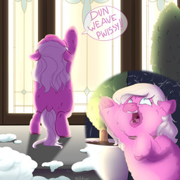 abuse against_surface ambiguous_feral ambiguous_gender baby_talk blue_eyes collar constricted_pupils cutaway dialogue feral fur hair hand_on_glass hooves on_glass on_hind_legs open_mouth outside pink_body pink_fur pink_hair pink_hooves pink_tail plant plant_pot potted_plant punishment pupils small_pupils snow solo tail teeth text tongue young young_ambiguous young_feral laponkisuwu fluffy_pony fluffy_pony_(species) mammal 1:1 2024 digital_media_(artwork) english_description english_text hi_res shaded story story_in_description