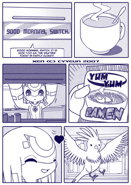 ^_^ ambiguous_feral ambiguous_gender anthro beak coffee_cup container cup detailed_background dialogue duo eyes_closed feathers feral flying food heart_symbol holding_food holding_object kemono machine male male_anthro open_mouth open_smile smile spread_wings text wings cyyeun xen_(series) switch_(xen) avian bird robot robot_anthro 2007 artist_name blue_and_white blue_monochrome comic dated english_text monochrome