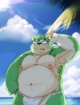 anthro asian_clothing belly clothing east_asian_clothing eyebrows fundoshi fur green_body green_fur japanese_clothing male navel nipples overweight overweight_male solo thick_eyebrows underwear tengzai05 lifewonders live_a_hero mokdai canid canine canis domestic_dog mammal hi_res