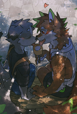 anthro black_nose bottomwear clothing duo eyes_closed folded_ears fur green_markings grey_body grey_fur hair heart_symbol high-angle_view intimate kemono licking_ice_cream looking_at_another male male/male markings multicolored_hair outside overalls pointy_ears red_body red_eyes red_fur shorts sleeveless_hoodie tail tail_motion tailwag tongue tongue_out two_tone_hair white_body white_fur juo1 border_collie canid canine canis collie domestic_dog fox herding_dog mammal pastoral_dog sheepdog hi_res