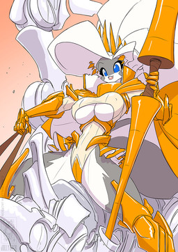 ambiguous_gender anthro armor blue_eyes breasts camel_toe clothing duo female feral fur gauntlets gloves grey_body grey_fur hair handwear holding_object lance leotard machine melee_weapon nipple_outline polearm reins riding unconvincing_armor under_boob weapon white_body white_fur white_hair conditional_dnp jollyjack chloe_sinclaire mammal mephitid robot skunk 2025