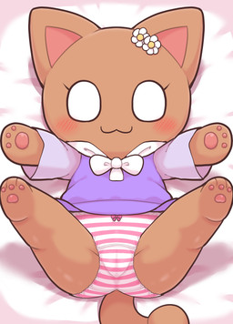 anthro bed bedding bedding_background brown_body brown_fur camel_toe chibi clothing dress empty_eyes female flower_on_head fur furniture high-angle_view kemono lying on_back panties purple_clothing purple_dress self_insert semi-anthro solo underwear white_eyes young young_anthro young_female kajiura jubbi domestic_cat felid feline felis mammal 2025 absurd_res hi_res adult_(lore)