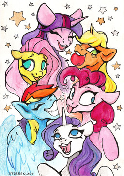 apple apple_in_mouth blep eyes_closed female feral food fruit grin group open_mouth plant smile tongue tongue_out wide_smile stirren friendship_is_magic hasbro my_little_pony applejack_(mlp) fluttershy_(mlp) pinkie_pie_(mlp) rainbow_dash_(mlp) rarity_(mlp) twilight_sparkle_(mlp) hi_res traditional_media_(artwork)