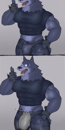 abs anthro biceps big_bulge big_muscles big_pecs biped blue_body blue_fur bodily_fluids bottomwear bulge button_(fastener) camo camo_bottomwear camo_clothing camo_pants camo_print clothing denim denim_bottomwear denim_clothing fingerless_gloves fur gesture gloves hand_gesture handwear huge_pecs humor jeans male midriff muscular muscular_anthro muscular_male muscular_thighs open_mouth open_smile pants pattern_bottomwear pattern_clothing pattern_pants pecs quads shirt smile solo sweat teeth thick_thighs thumbs_up tight_clothing tight_shirt tight_topwear tongue topwear torn_bottomwear torn_clothing torn_jeans torn_pants underwear fleshformomo tight_pants_(meme) jayden_(fleshformomo) canid canine canis mammal wolf 2023 absurd_res digital_media_(artwork) hi_res meme sequence