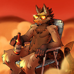 alcohol anthro apocalypse aviator_glasses beer beverage bottle claws cloud container desert detailed_background eyewear eyewear_only fangs fur fur_and_scales glasses holding_bottle holding_container holding_object lawn_chair male mushroom_cloud nuclear_explosion nude outside rattle_(anatomy) reflection scales sitting solo sunglasses sunglasses_only teeth text ruby-milk fallout microsoft night_stalker_(fallout) 1:1 absurd_res english_text hi_res