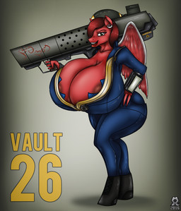 anthro big_breasts breasts brown_hair cleavage clothed clothing curvy_figure ear_piercing feathered_wings feathers female hair hair_over_eyes horn huge_breasts hyper hyper_breasts nipple_slip nipples open_clothing open_mouth open_shirt open_topwear piercing pose ranged_weapon shirt smile solo text tight_clothing topwear vault_suit voluptuous weapon wide_hips wings romman08 fallout hasbro microsoft my_little_pony mythology fan_character equid equine mammal mythological_creature mythological_equine winged_unicorn crossover english_text