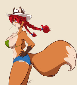 anthro big_breasts bikini biped blue_eyes bottomwear breasts brown_body brown_fur bust_chart butt chart clothed clothing cowboy_hat denim denim_clothing female fur hair hat headgear headwear huge_breasts multicolored_body multicolored_fur red_hair shorts side_view skimpy smile solo standing swimwear tail two-piece_swimsuit two_tone_body two_tone_fur chalo las_lindas ann_gustave canid canine fox mammal red_fox true_fox digital_media_(artwork) portrait three-quarter_portrait