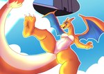 after_transformation anthro breasts city falling featureless_crotch female flying hole_(pit) hoop_transformation implied_transformation portal solo transformation transformation_through_magic worried crumbleumble nintendo pokemon charizard generation_1_pokemon pokemon_(species) hi_res