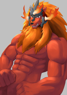 abs anthro armor biceps blonde_hair featureless_crotch fur hair headgear headgear_only helmet helmet_only long_hair male mane mane_hair muscular muscular_anthro muscular_male nude pecs red_body red_fur sharp_teeth solo teeth kouga0225 bandai_namco digimon digimon_beatbreak digimon_(species) felid feline flaremon mammal absurd_res hi_res