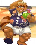 anthro belly big_belly blue_eyes blush bottomwear brown_body bulge clothing hat headgear headwear kemono male overweight overweight_male shirt shorts solo topwear rockmai3 sengoku_puzzle shadow_ieyasu canid canine mammal raccoon_dog tanuki 2024 4:5 absurd_res hi_res