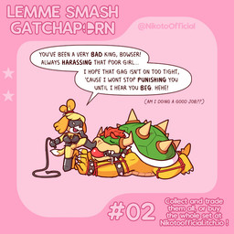 anthro armband ball_gag bdsm bondage boots bound bracelet claws clothing collar corset duo female footwear gag genitals green_shell hair horn jewelry lingerie lying male male/female mask on_front red_hair restraints rope rope_bondage service_top sharp_teeth shell shoes speech_bubble spiked_armband spiked_bracelet spiked_collar spiked_shell spikes spikes_(anatomy) submissive submissive_male tail teeth text topwear vulva whip yellow_body nikotoofficial animal_crossing mario_bros nintendo bowser isabelle_(animal_crossing) canid canine canis domestic_dog koopa mammal scalie 1:1 english_text