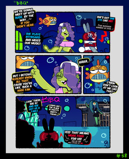 1_eye accessory anthro big_butt bottomwear breasts buckteeth butt clothing collar elevator eyelashes female female/female footwear gesture group hair hair_over_eye hat headgear headwear high_heels larger_female long_hair machine necktie pants ponytail robot_suit shirt shoes size_difference small_breasts teeth text topwear trio underwater water waving waving_hand somescrub nickelodeon spongebob_squarepants briny_waters eelie_applebottom fan_character susie_reefwell aquatic cyclops eel fish hare lagomorph leporid mammal mutant_humanoid plankton_(species) rabbit robot absurd_res comic english_text hi_res