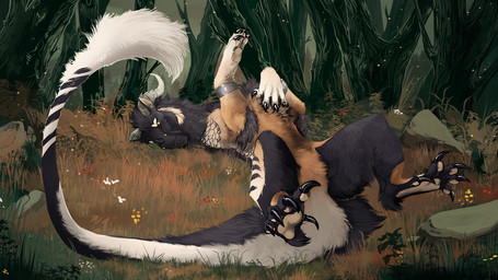 black_body black_fur brown_body brown_fur claws feet feral fur grass horn looking_at_viewer lying male multicolored_body multicolored_fur on_back on_grass on_ground plant solo tail tail_tuft tuft i-psilone ember_(trey.embershade) felkin 2023 hi_res