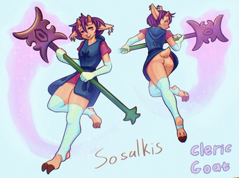 anthro armwear butt cleric clothing ear_piercing ear_ring elbow_gloves femboy gloves handwear legwear male piercing ring_piercing solo staff stockings weapon white_clothing white_gloves white_handwear sosalkis bovid caprine goat mammal hi_res