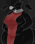 anthro apron belly_squeeze black_body clothing curvy_figure eyes_closed female grabbing_belly neck_ring outline overweight overweight_female red_apron red_clothing solo thick_thighs voluptuous white_outline wide_hips psznnp mythology dragon mythological_creature mythological_scalie scalie 4:5