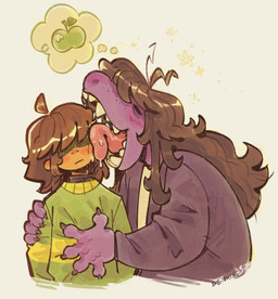 adolescent ahoge ambiguous_gender anthro apple blush bodily_fluids brown_hair cheek_lick chest_grab claws clothing dripping duo eyes_closed face_lick face_squish female female/ambiguous food freckles fruit green_apple green_clothing green_shirt green_topwear hair hair_over_eye hair_over_eyes hand_on_another's_chest hand_on_another's_shoulder hand_on_chest hand_on_partner hand_on_partner's_chest hand_on_partner's_shoulder hand_on_shoulder holding_another licking licking_another licking_partner long_hair long_sleeve_shirt long_sleeves open_mouth pattern_clothing pattern_shirt pattern_topwear plant purple_body purple_clothing purple_topwear saliva saliva_drip saliva_on_tongue shirt shoulder_grab simple_background squish striped_clothing striped_shirt striped_topwear stripes teeth thought_bubble tongue tongue_out topwear white_background white_clothing white_shirt white_topwear yellow_clothing yellow_shirt yellow_stripes yellow_topwear young seiishin deltarune undertale_(series) kris_(deltarune) susie_(deltarune) human mammal scalie 2025 digital_media_(artwork) watermark nonbinary_(lore)