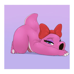 accessory anthro ass_up bedroom_eyes big_bow blue_eyes border bow_ribbon claws erection eyelashes eyeshadow femboy genitals hair_accessory hair_bow hair_ribbon head_bow humanoid_genitalia humanoid_penis looking_at_viewer lying makeup male male_anthro narrowed_eyes nude on_front penis pink_body purple_background purple_eyeshadow raised_tail red_bow ribbons seductive side_view simple_background solo squint tail thick_thighs three-quarter_view white_border white_claws neemyart mario_bros nintendo birdo_(character) birdo pink_birdo scalie 1:1 2023 digital_media_(artwork) full-length_portrait hi_res portrait