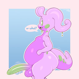 anthro balls belly big_belly big_butt big_penis blue_background border butt dialogue erection foreskin genitals green_eyes green_penis looking_aside looking_at_viewer male nude onomatopoeia open_mouth overweight overweight_anthro overweight_male partially_retracted_foreskin penis purple_body question_mark simple_background slime solo sound_effects speech_bubble tail text thick_thighs throbbing throbbing_penis frumples nintendo patreon pokemon generation_6_pokemon goodra pokemon_(species) 1:1 2022 dated digital_media_(artwork) english_text