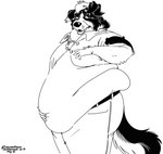 anthro belly_overhang belt big_butt business_casual butt chest_tuft clothing double_chin khakis love_handle male moobs obese obese_male overweight overweight_male polo_shirt shirt side_moob solo thick_thighs topwear tuft southernyote border_collie canid canine canis collie domestic_dog herding_dog mammal pastoral_dog sheepdog black_and_white hi_res monochrome