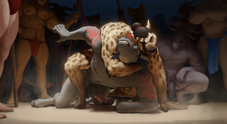 abs animal_genitalia animal_penis anthro bottomwear bulge chokehold clothed clothing equine_genitalia equine_penis erection flaccid genitals group headlock hooves horn loincloth male male/male muscular muscular_male nipples nude pecs penis spots text underwear underwear_only wrestling mickey_the_retriever bucephalus whiplash_hyena bovid bovine cattle equid equine felid horse hyena lion mammal pantherine hi_res url