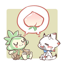anthro black_claws blush claws duo food fruit fur green_body green_fur horn kerchief male peach_(fruit) plant simple_background thinking thoughtful_expression white_body dt61rh bandai_namco digimon digimon_ghost_game digimon_(species) gammamon haplorhine mammal monkey monmon primate 1:1 2022