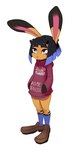 anthro biped black_hair black_markings blue_clothing blue_eyes blue_footwear blue_highlights blue_socks bottomless brown_clothing brown_footwear brown_shoes choker clothed clothing dipstick_ears ear_markings eyebrows female footwear front_view gloves_(marking) hair hand_in_pocket highlights_(coloring) hoodie jewelry leg_markings looking_up markings mole_(marking) multicolored_ears necklace orange_body pink_nose pockets shoes short_hair simple_background socks socks_(marking) solo standing text text_on_clothing text_on_hoodie text_on_topwear topwear white_background polyle abby_(polyle) lagomorph leporid mammal rabbit 2023 english_text hi_res