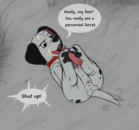 animal_genitalia balls bodily_fluids collar cum cum_on_face dialogue duo feet feral foot_fetish foot_play footjob genital_fluids genitals male male/male open_mouth pawpads penis sex sheath speech_bubble tail tail_motion tailwag text tongue xghostwolfx 101_dalmatians 101_dalmatians:_the_series disney lucky_(101_dalmatians) scorch_(101_dalmatians) canid canine canis dalmatian domestic_dog domestic_ferret mammal mustelid musteline true_musteline weasel 2025 english_text